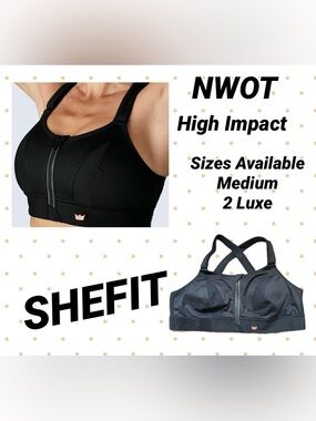 NWOT -SHEFIT HIGH IMPACT Black Front-Zip Support Bra